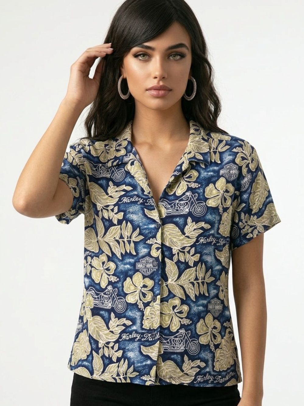 HARLEY DAVIDSON | Button Down Hawaiian Shirt Motorcyles Women’s Size Medium